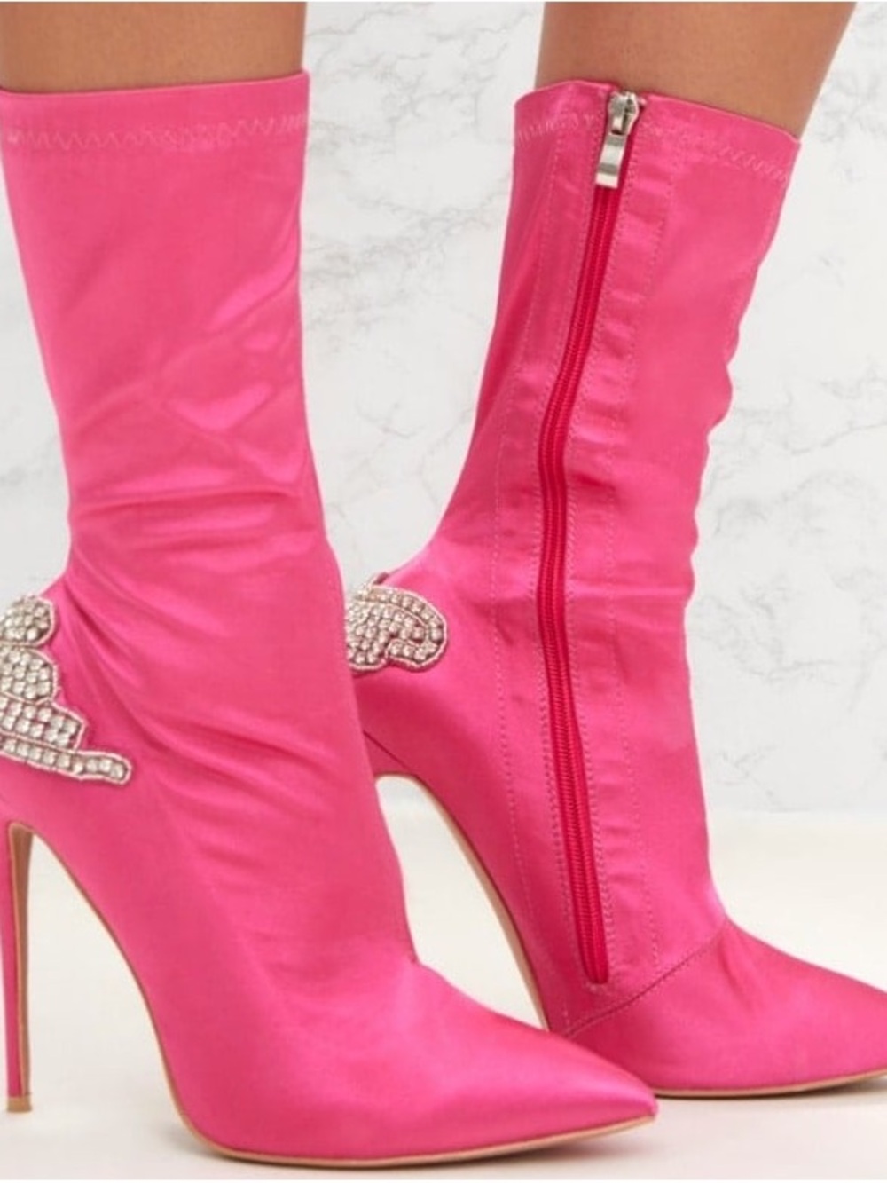PrettyLittleThing Hot Pink Jeweled Stiletto Sock Boots